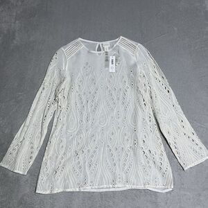 Chicos Novelty Eyelet Mix Tunic Cottage White Embroidered Top Size 1 Medium NEW